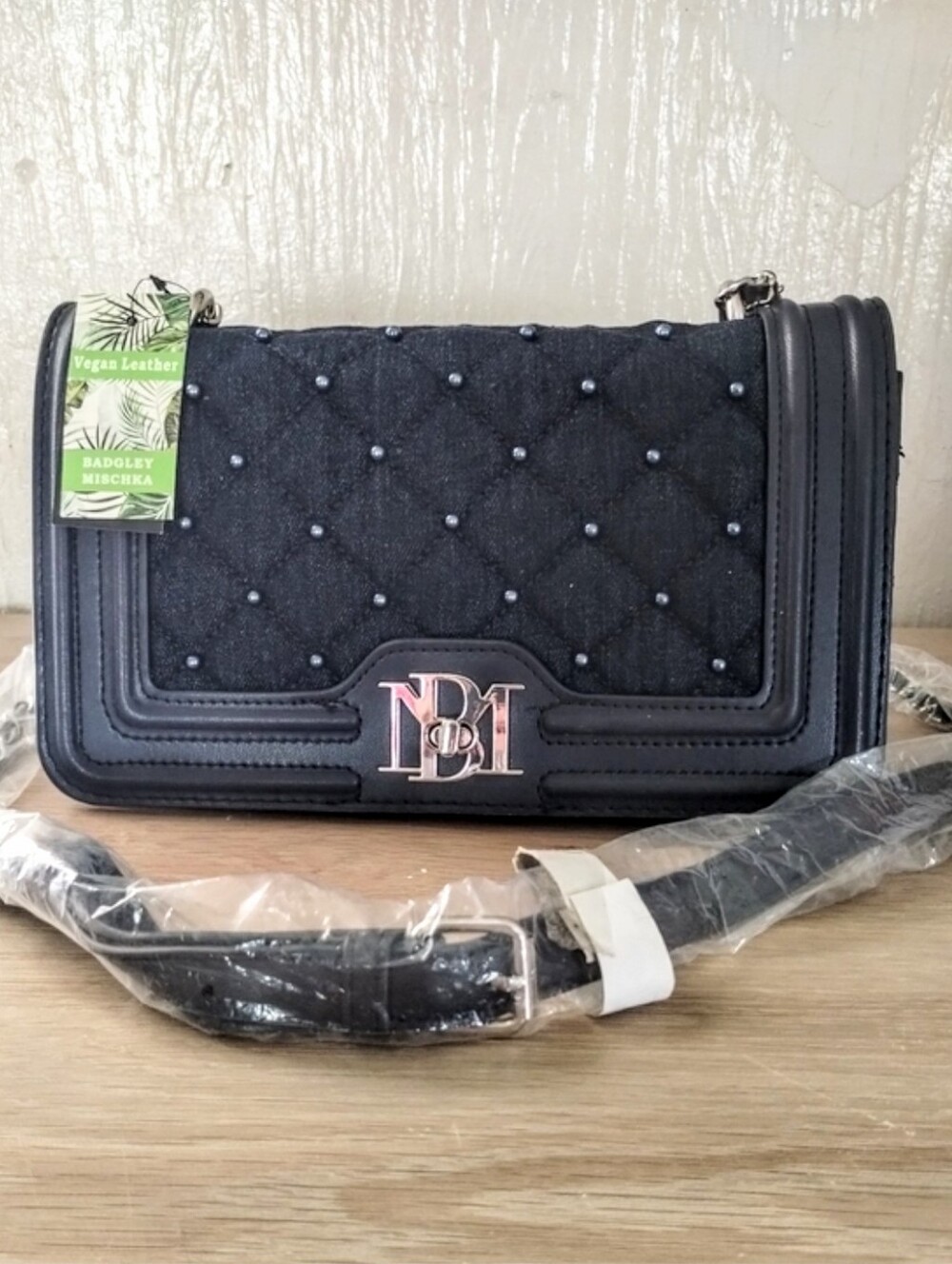 Badgley Mischka Denim Diamond Quilted Crossbody With Pearl Accents